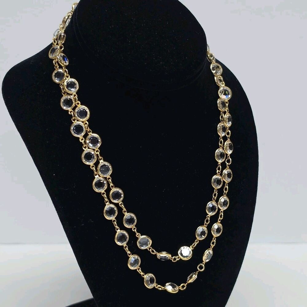 Vintage Open Back Bezel Clear Crystal Gold Tone Chain Necklace Wedding Formal
